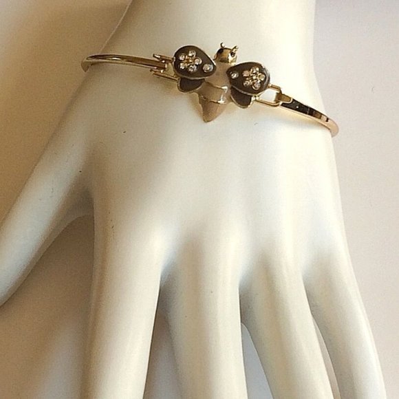 Bumble Bee Bangle Bracelet 8" Crystal Beige Enamel Gold Plated Charm - Picture 7 of 12